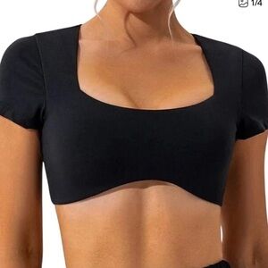 ALO Yoga Black Square-Neck Short Sleeve Crop Top